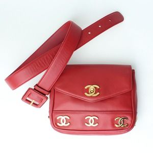 Chanel Vintage 1991 Rare Red Triple Cc Logos Waist Belt Fanny Pack Bum Bag